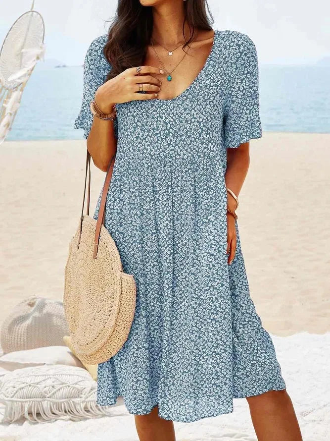 Women's Floral V-Neck Short Sleeve Smock Dress