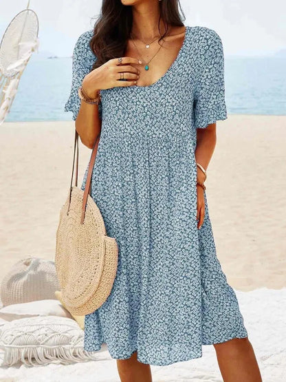 Women's Floral V-Neck Short Sleeve Smock Dress