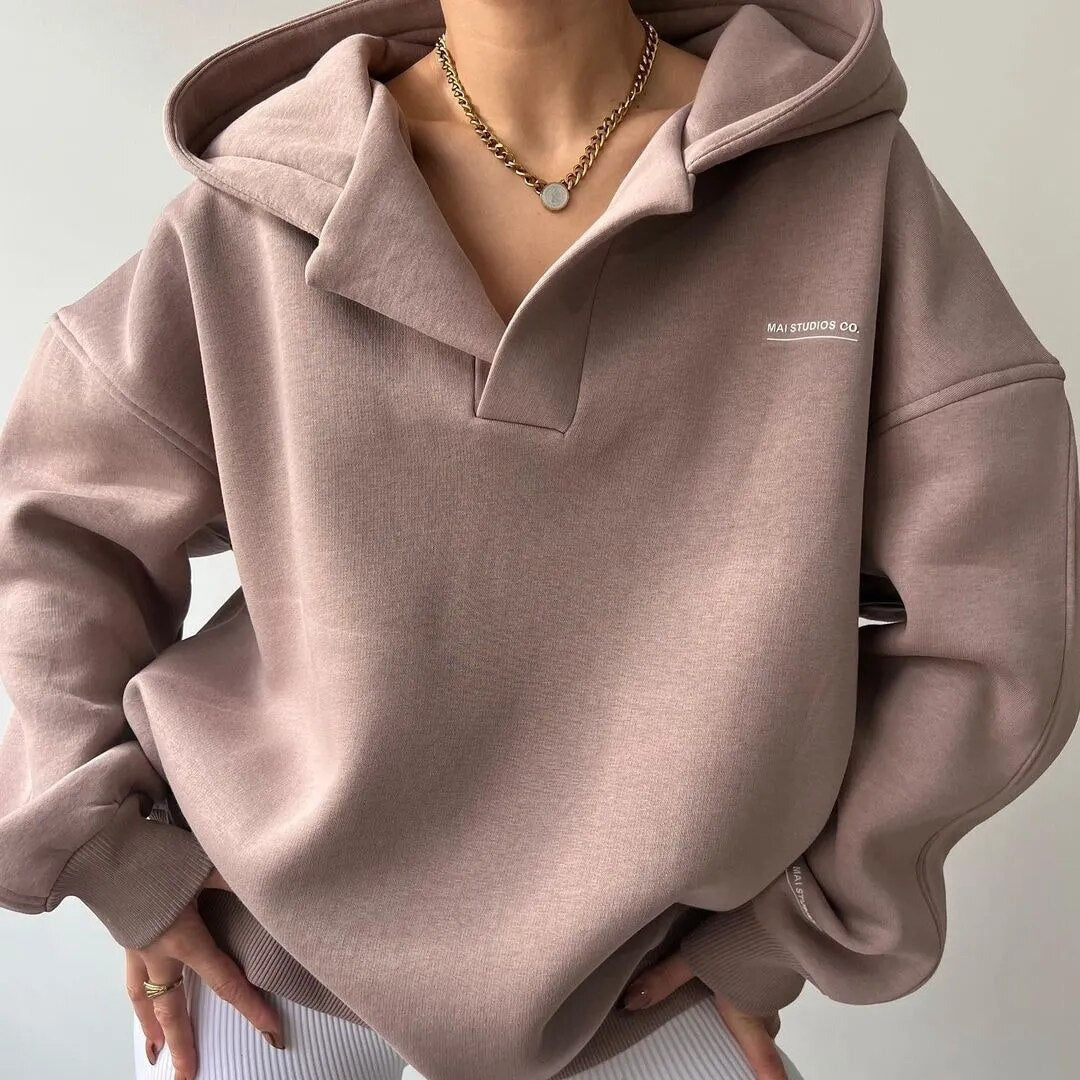 Women's Oversized V-Neck Hoodie Sweatshirt - Fashinoza