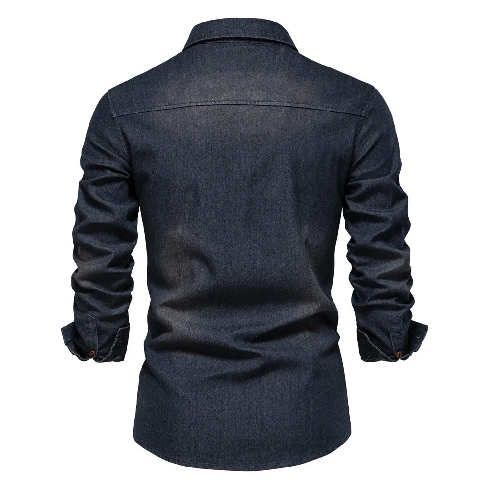 Men's Long Sleeve Shirt Cotton Contrast Buttons Fold Down Collar