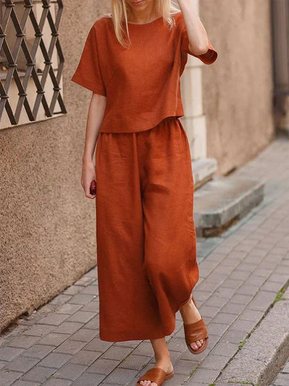 Women's Summer Two Piece Crew Neck T-Shirt And Pants - 
Fashinoza