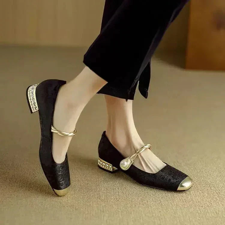 Women's Mary Jane Shoes Pearl Strap Glitter Block Heel
