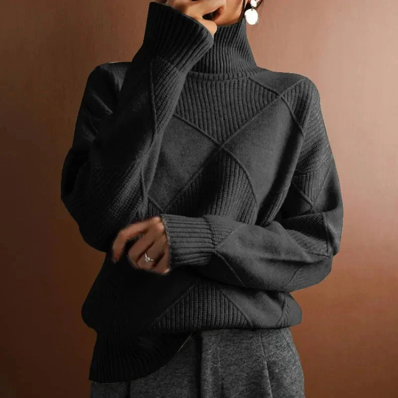 Geometric Ribbed Relaxed Fit Wool Turtleneck Sweater for Women – Cozy & Stylish Everyday Wear Caliboot