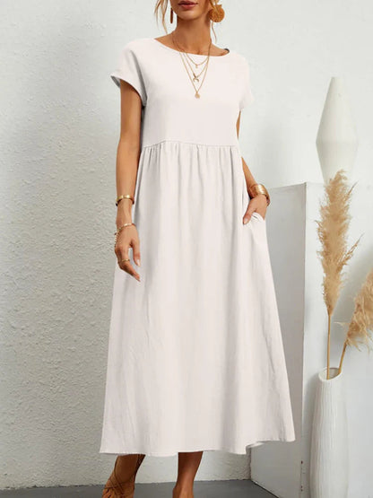 Women's Cotton O-Neck Vintage Dress - Fashinoza