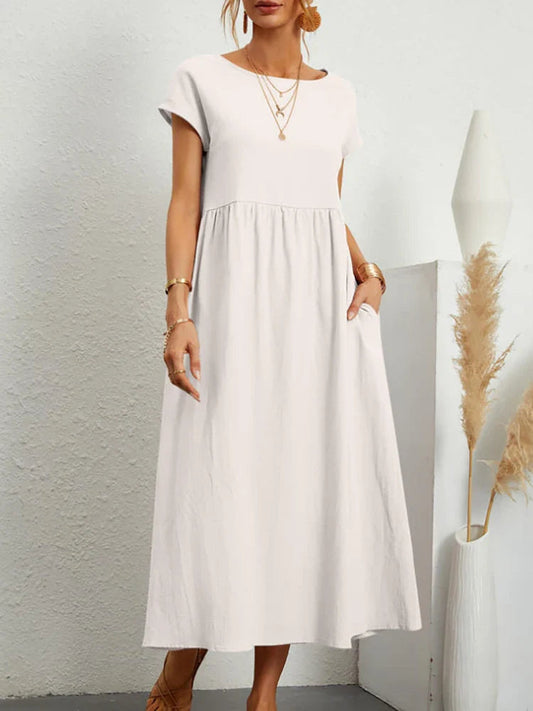 Women's Cotton O-Neck Vintage Dress - Fashinoza