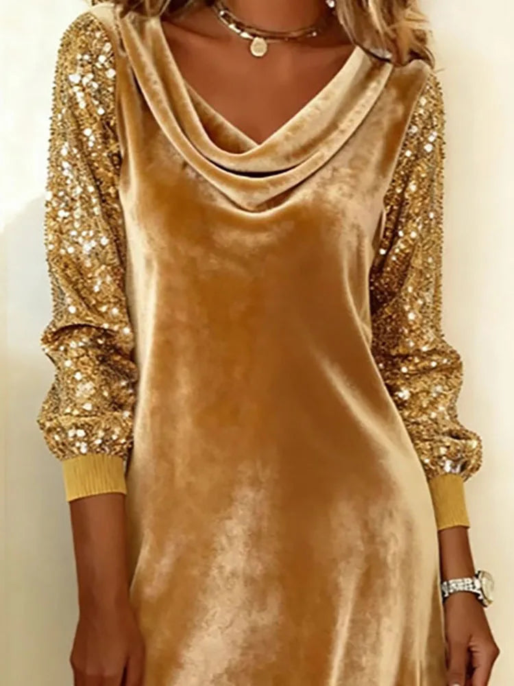 Draped Neck Sequin Sleeve Midi Dress