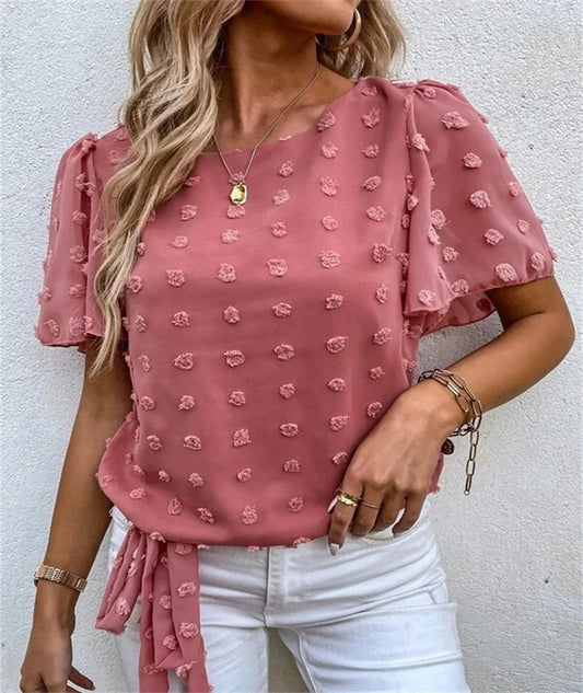 Women's Round Neck Blouse Puff Sleeves Floral Tie - 
Fashinoza