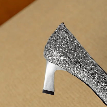 Women's Glitter Pumps Pointed Toe Crystal Buckle Heels