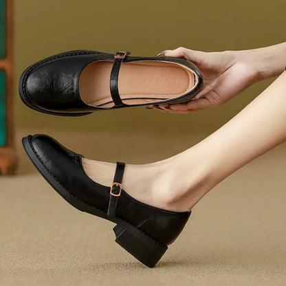 Women's Leather Mary Jane Shoes Low Block Heel Strap