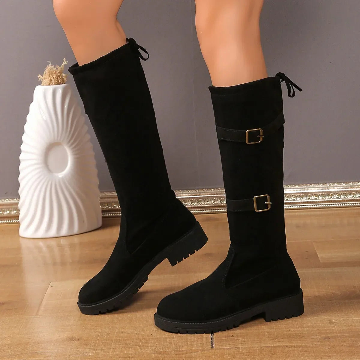 Women's Knee High Boots Black Low Heel Leather