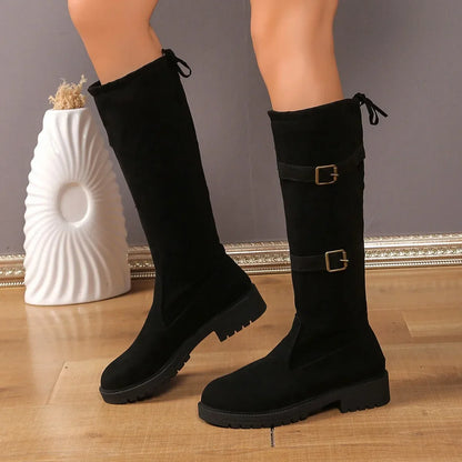Women's Knee High Boots Black Low Heel Leather