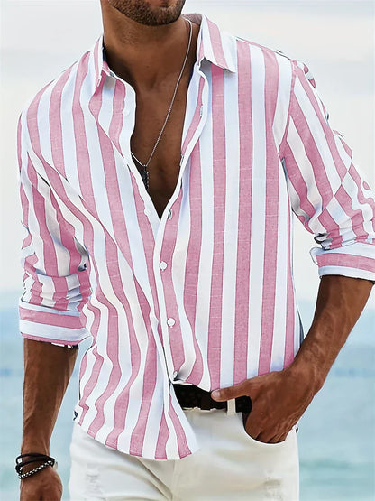 Men's Long Sleeve Shirt Vertical Stripes Button Front Spread Collar