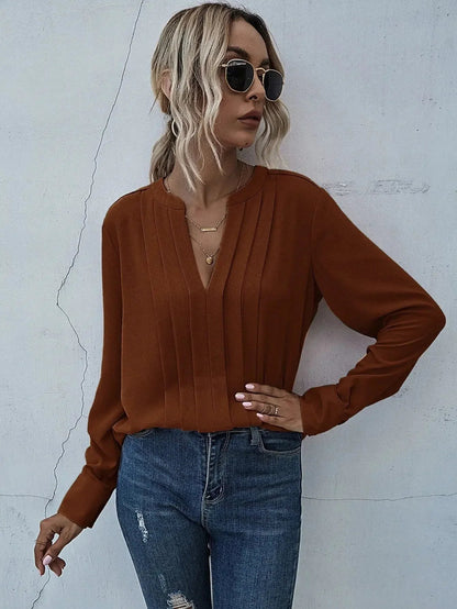 Women's V-Neck Blouse Long Sleeve Pleated