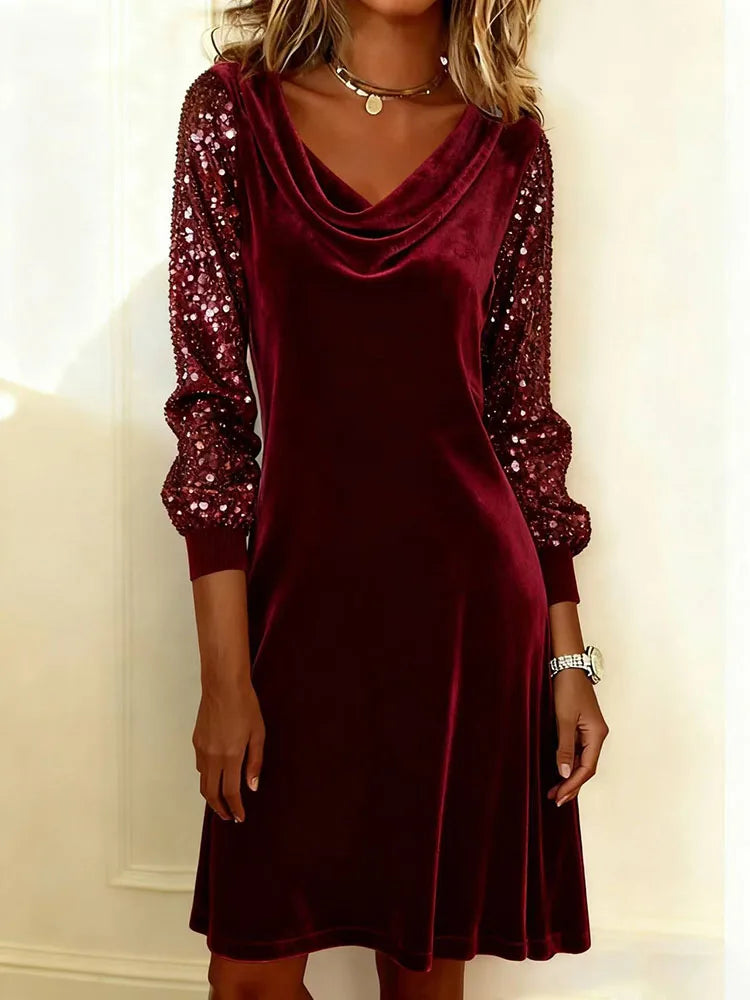 Draped Neck Sequin Sleeve Midi Dress