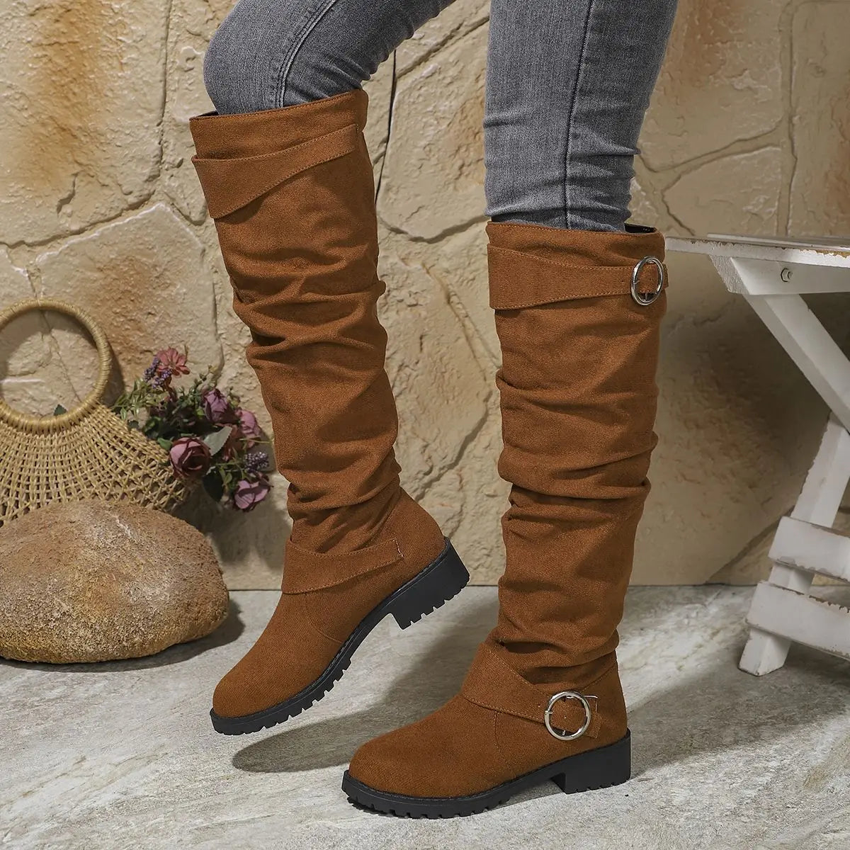 Women's Knee High Boots Low Block Heel Ring Accents