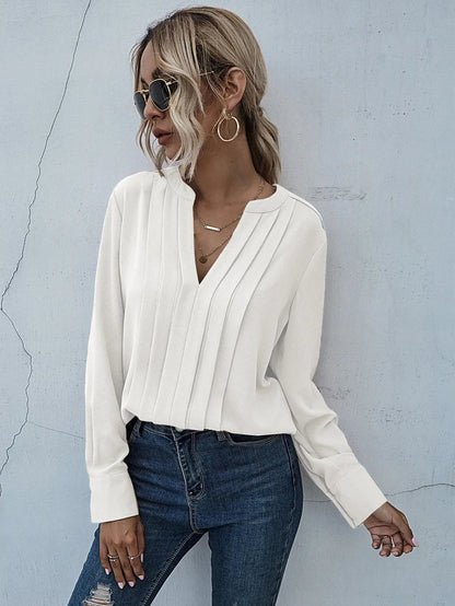 Women's V-Neck Blouse Long Sleeve Pleated