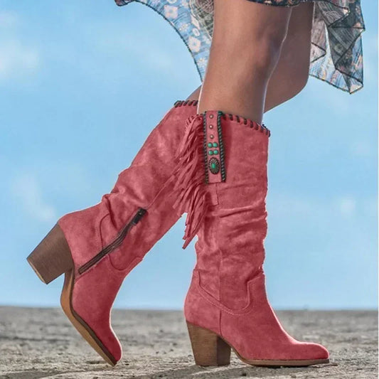 Women's Fringe Mid Calf Boots - Fashinoza