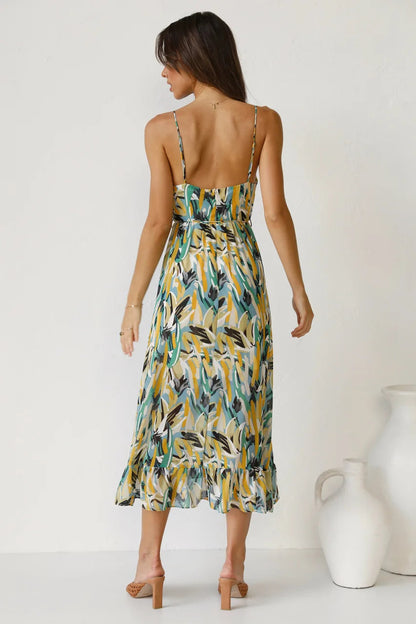 Women's Midi Dress Spaghetti Strap Abstract Print Ruffle Hem
