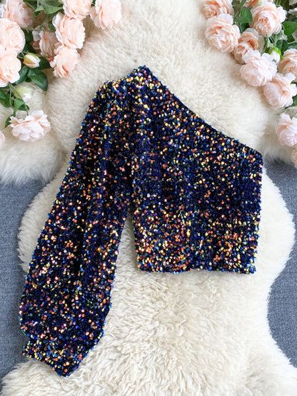 Women's One-Shoulder Glitter Sparkly