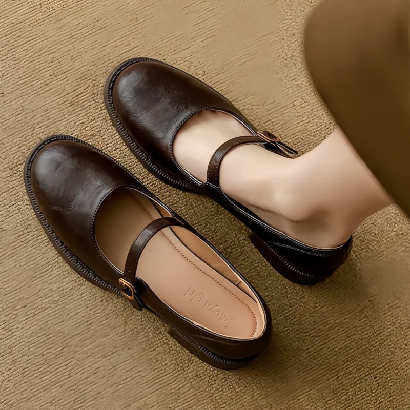 Women's Leather Mary Jane Shoes Low Block Heel Strap