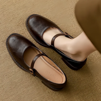 Women's Leather Mary Jane Shoes Low Block Heel Strap