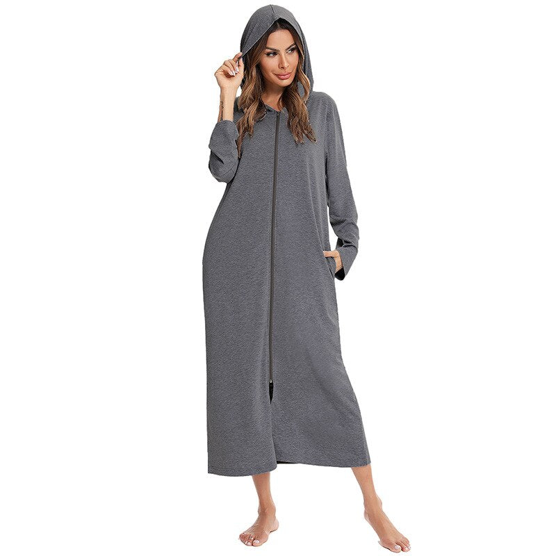 Women's Hooded Fleece Nightdress Zip-Up