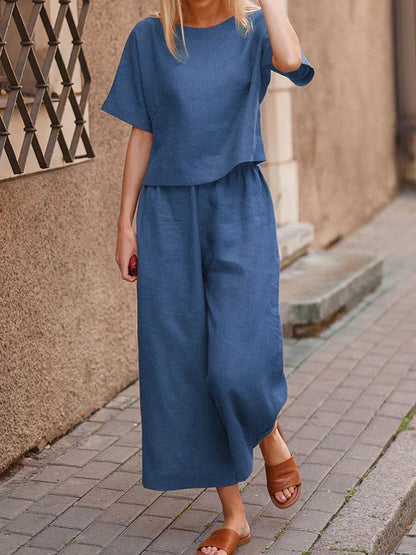 Women's Summer Two Piece Crew Neck T-Shirt Set