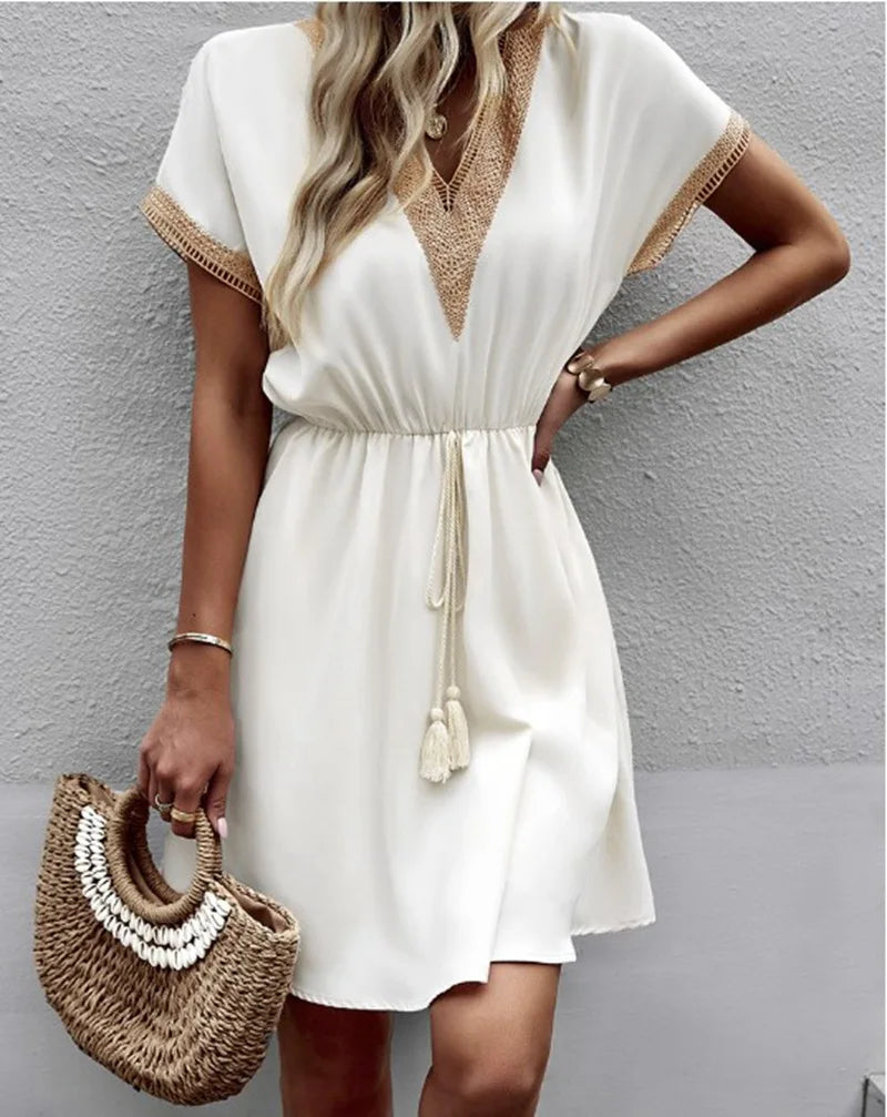 Women's V Neck Boho Flowy Dress Casual - Fashinoza