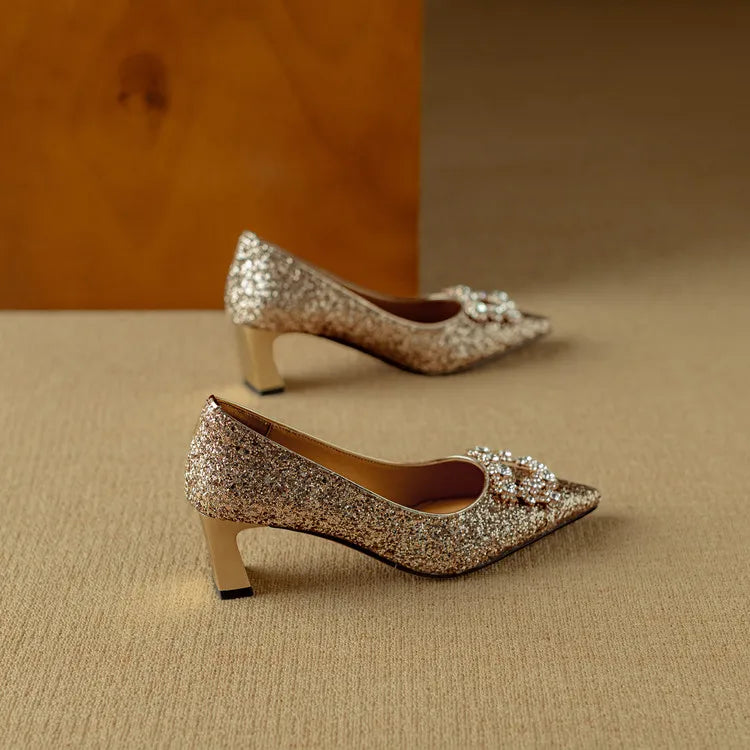 Women's Glitter Pumps Pointed Toe Crystal Buckle Heels