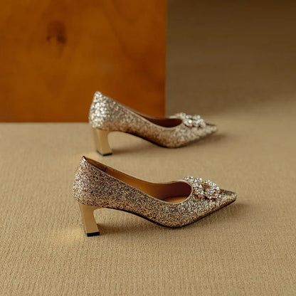 Women's Glitter Pumps Pointed Toe Crystal Buckle Heels