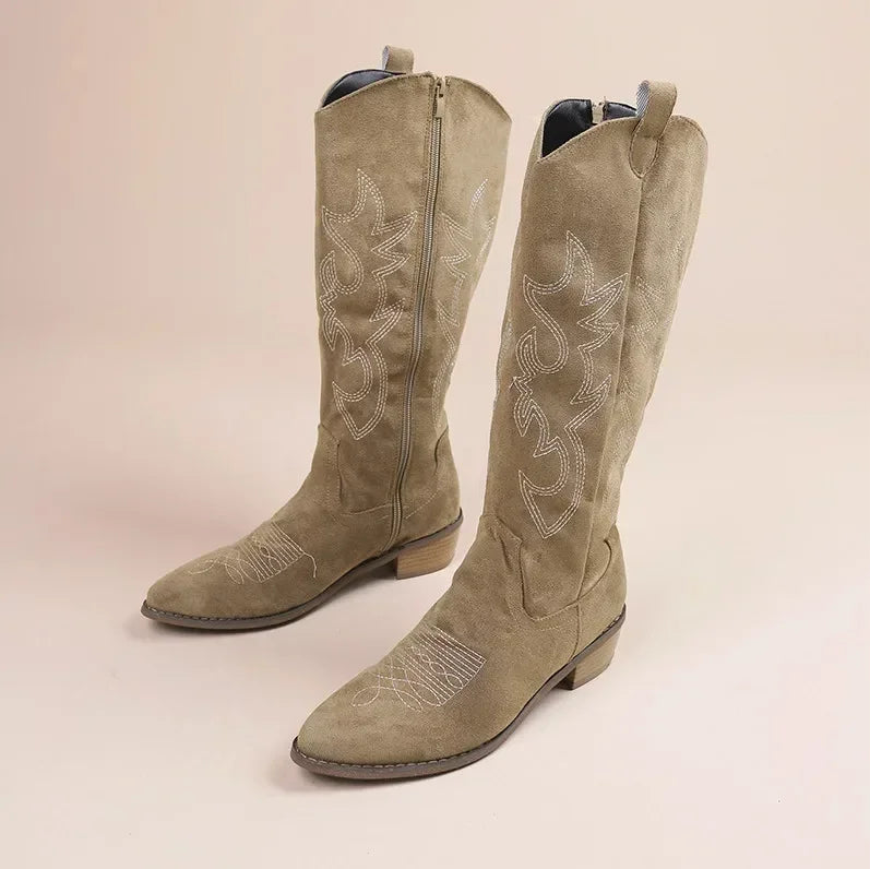 Women's Cowboy Boots Embroidered Brown Leather Chunky Heel