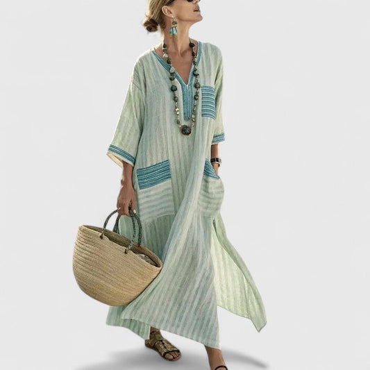 Women's Linen Maxi Dress V-Neck Striped With Pockets - Fashinoza