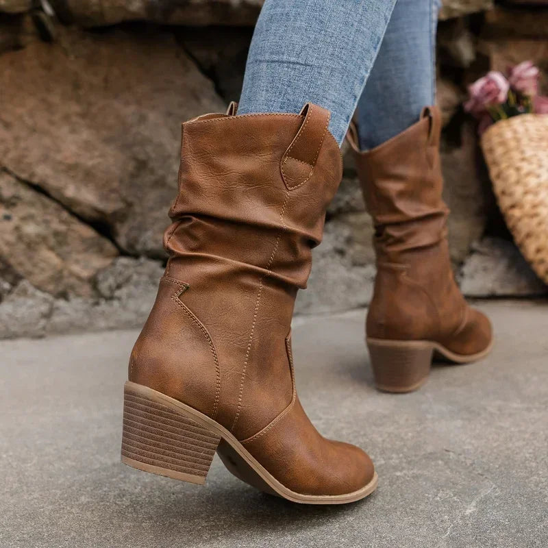 Women's Slouchy Block Heel Mid Calf Boots
