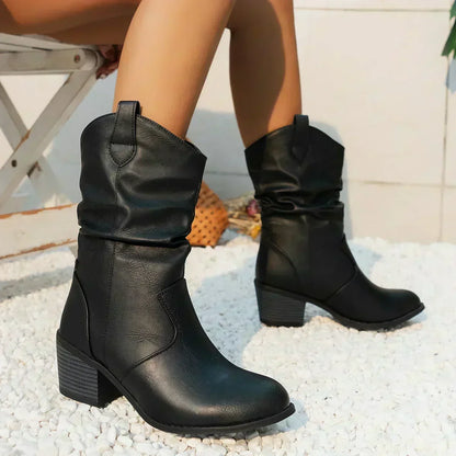 Women's Slouchy Block Heel Mid Calf Boots