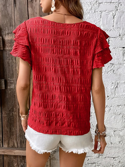 Women's Ruffle Sleeve Blouse Smocked Cotton