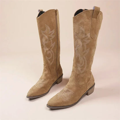 Women's Cowboy Boots Embroidered Brown Leather Chunky Heel