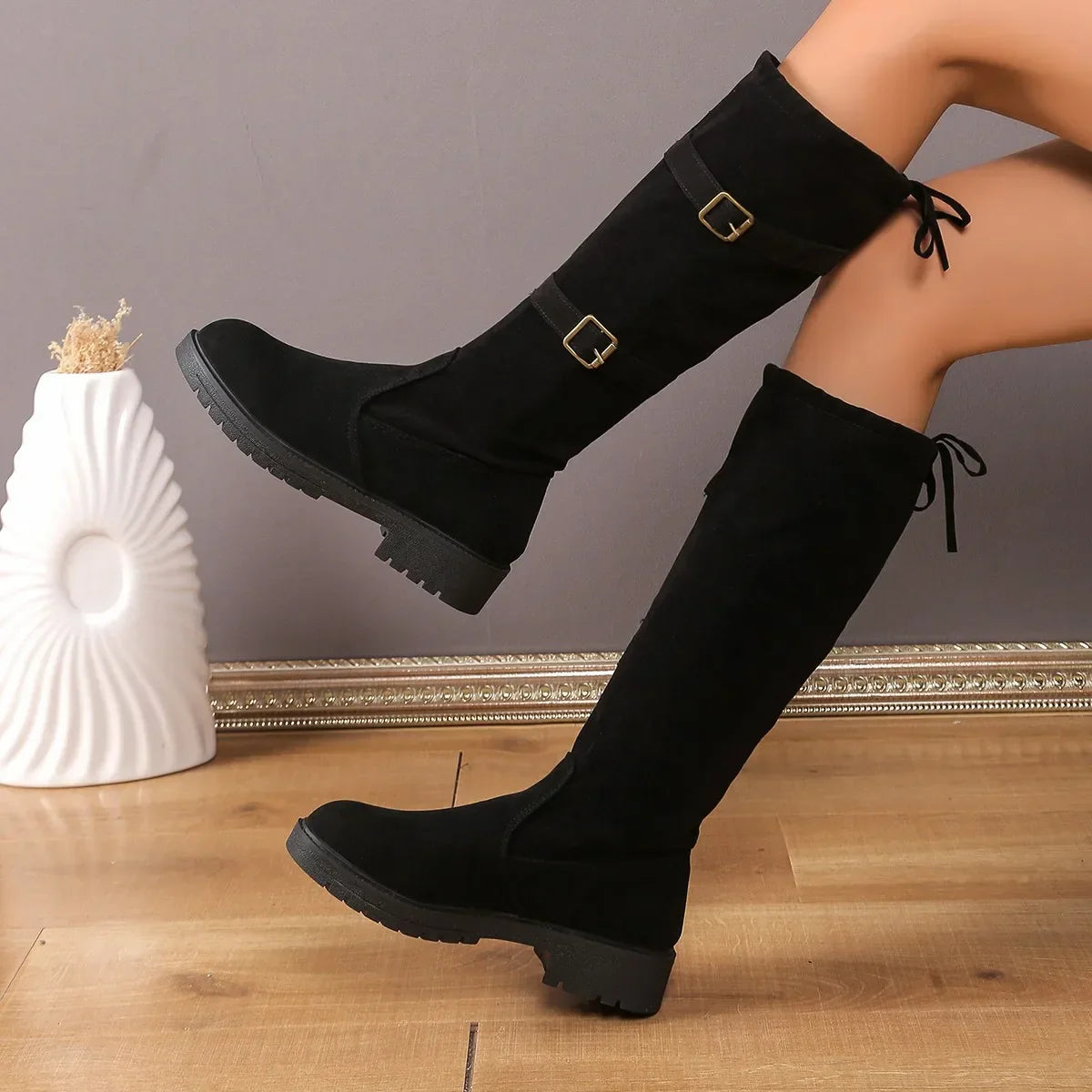 Women's Knee High Boots Black Low Heel Leather