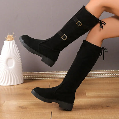 Women's Knee High Boots Black Low Heel Leather