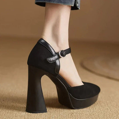 Women's Ankle Strap High Heels Block Pumps
