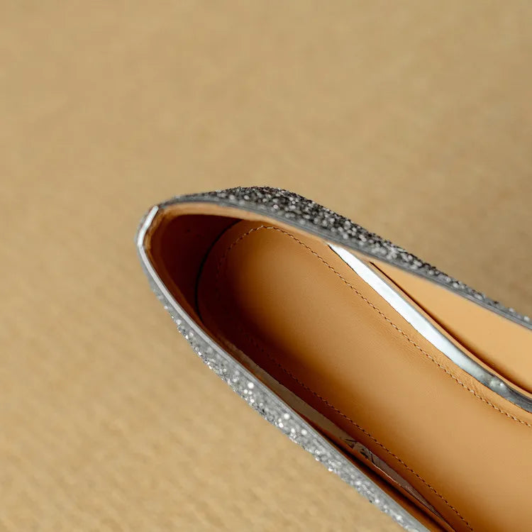 Women's Glitter Pumps Pointed Toe Crystal Buckle Heels