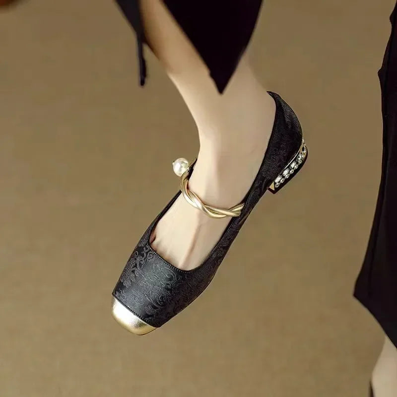 Women's Mary Jane Shoes Pearl Strap Glitter Block Heel