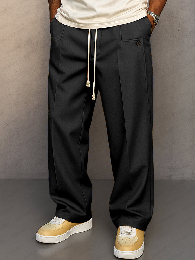 Men's Straight Leg Pants Drawstring Waist Pleated Front