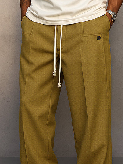 Men's Straight Leg Pants Drawstring Waist Pleated Front