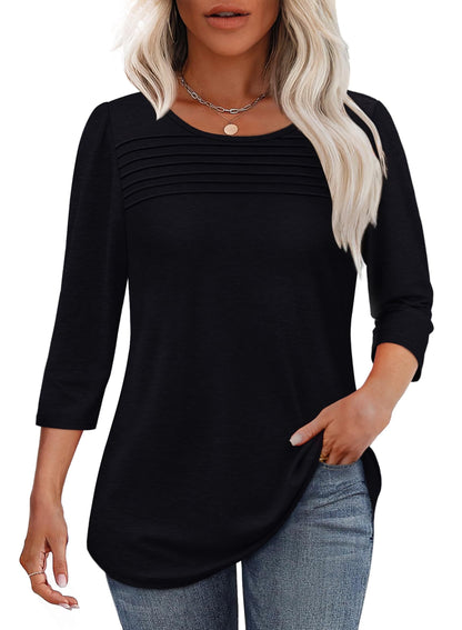 Women's Crew Neck 3/4 Sleeve Pleated Chest