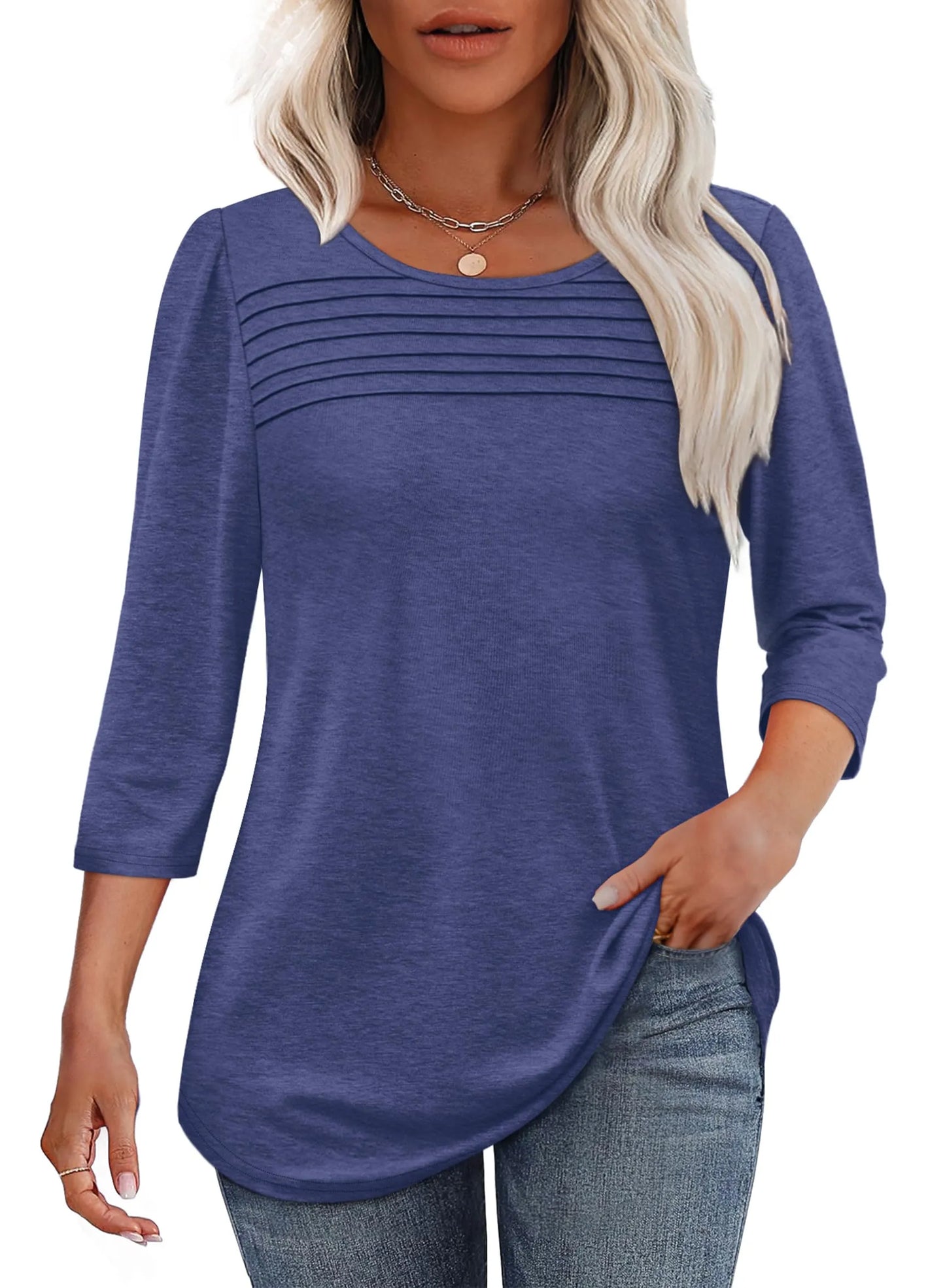 Women's Crew Neck 3/4 Sleeve Pleated Chest