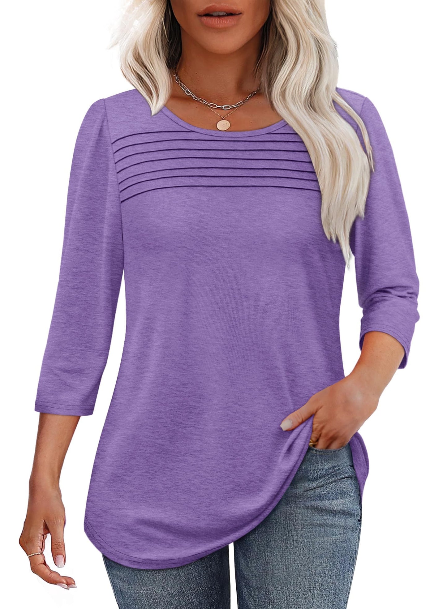 Women's Crew Neck 3/4 Sleeve Pleated Chest
