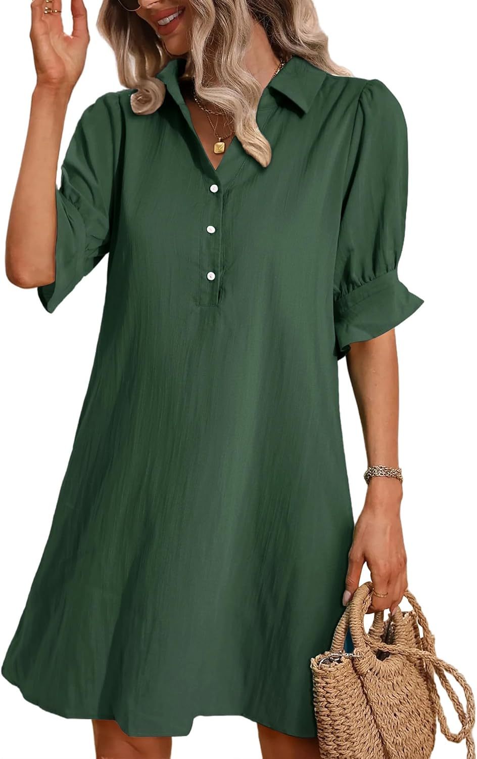 Women's Button Down Shirt Dress 3/4 Sleeve Knee Length