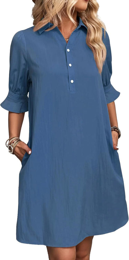 Women's Button Down Shirt Dress 3/4 Sleeve Knee Length