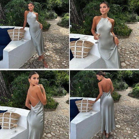 Women's Sleeveless Maxi Dress Satin Belt - Fashinoza