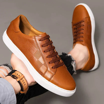 Men's Lace-Up Sneakers Low- Leather Comfortable Black - Fashinoza